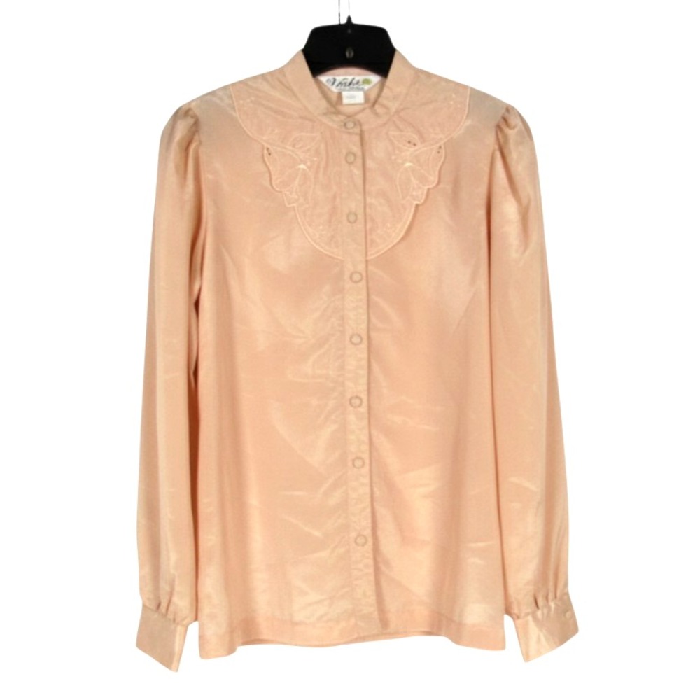 VTG VICKI Peach Satin EYELET FLORAL COLLAR Button-Up SECRETARY BLOUSE/TOP Sz 10